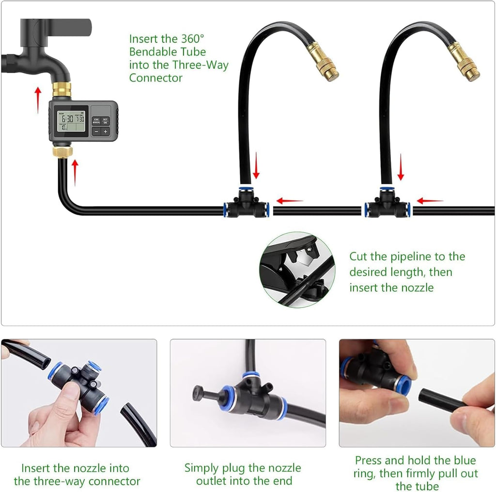 60FT Drip Irrigation System with Smart Water Timer | Brass Connectors, 360° Adjustable Nozzles and Bendable Tubing for
