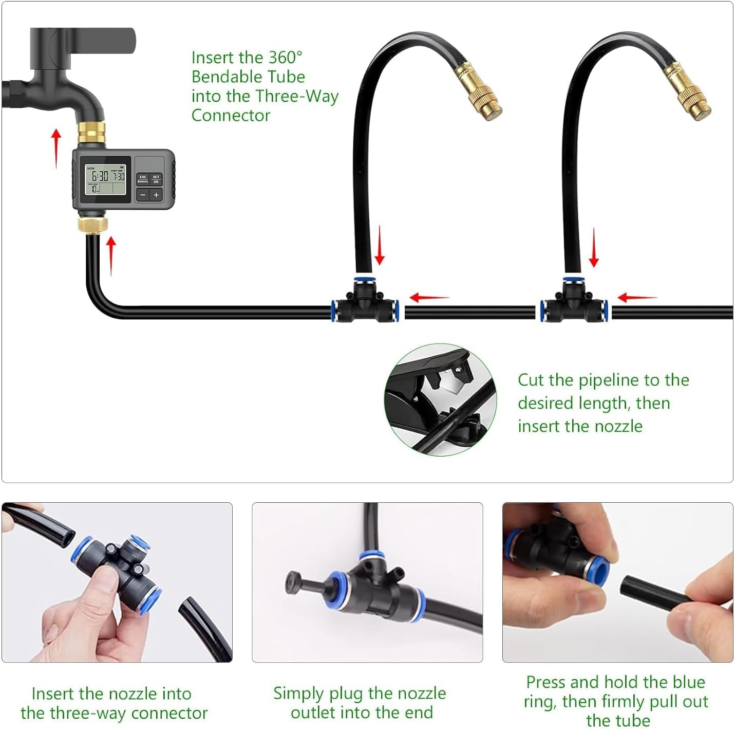 60FT Drip Irrigation System with Smart Water Timer | Brass Connectors, 360° Adjustable Nozzles and Bendable Tubing for