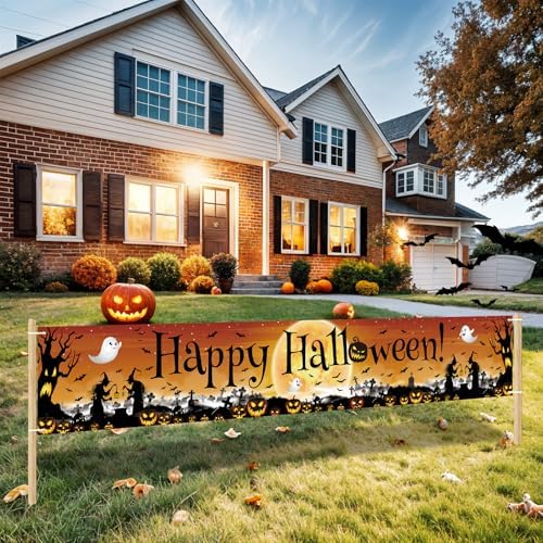 3pieces Large Happy Halloween Thanksgiving Christmas Banner Decorations,Halloween Thanksgiving Merry Christmas Yard Banner Sign Outdoor for Fall Xmas Holiday Party Supplies Decor Porch Garage Outside