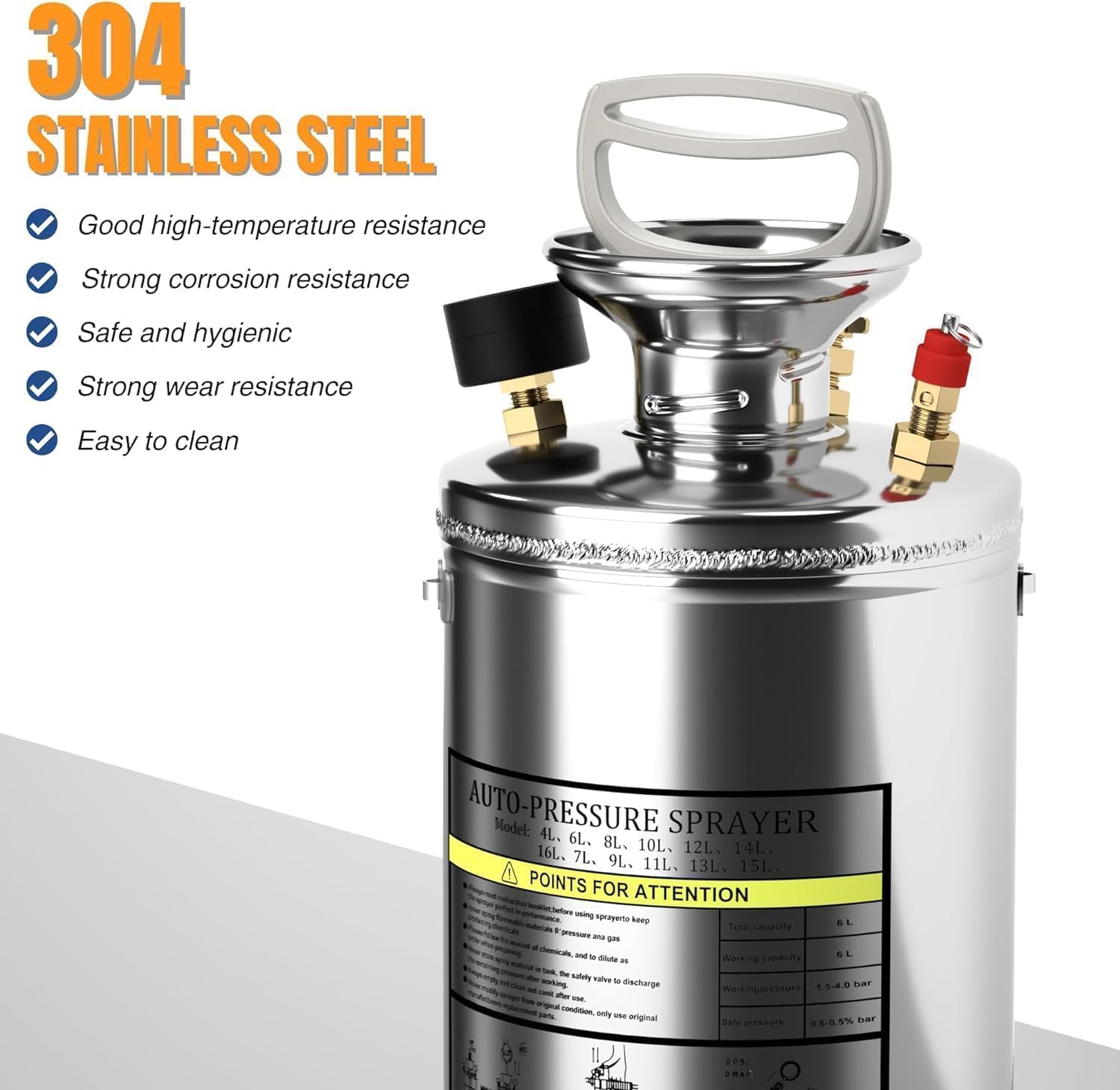 1.5 Gallon Hand Pump Sprayer, 304 Stainless Steel Garden Chemical Sprayer with Pressure Gauge, Adjustable Nozzle, 16"