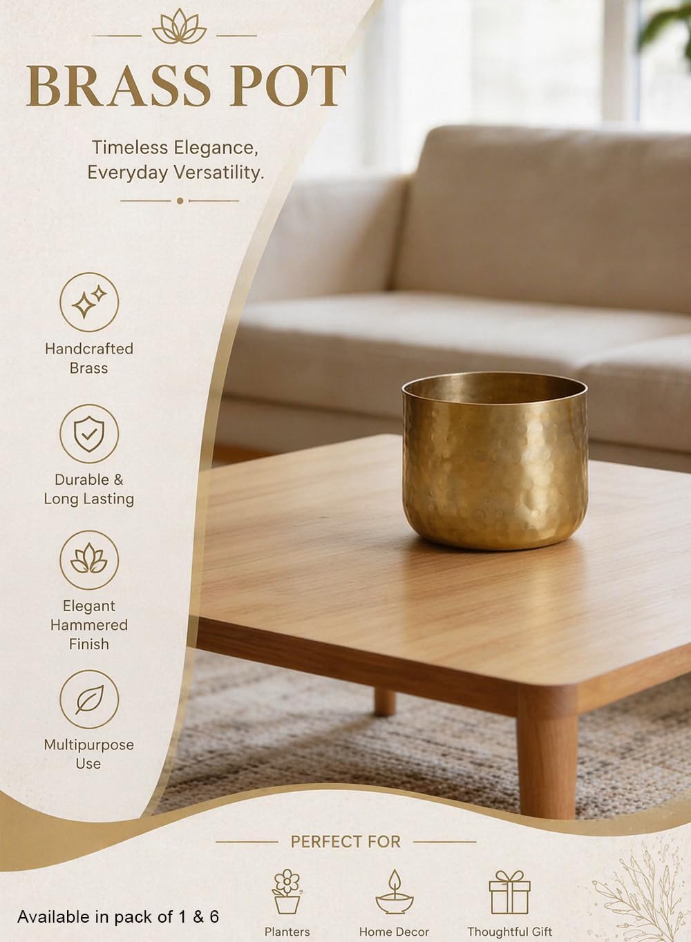 Serene Spaces Living Antique Brass Look Gold Hammered Pots: Stylish Indoor Planter, Decorative Accent for Potted