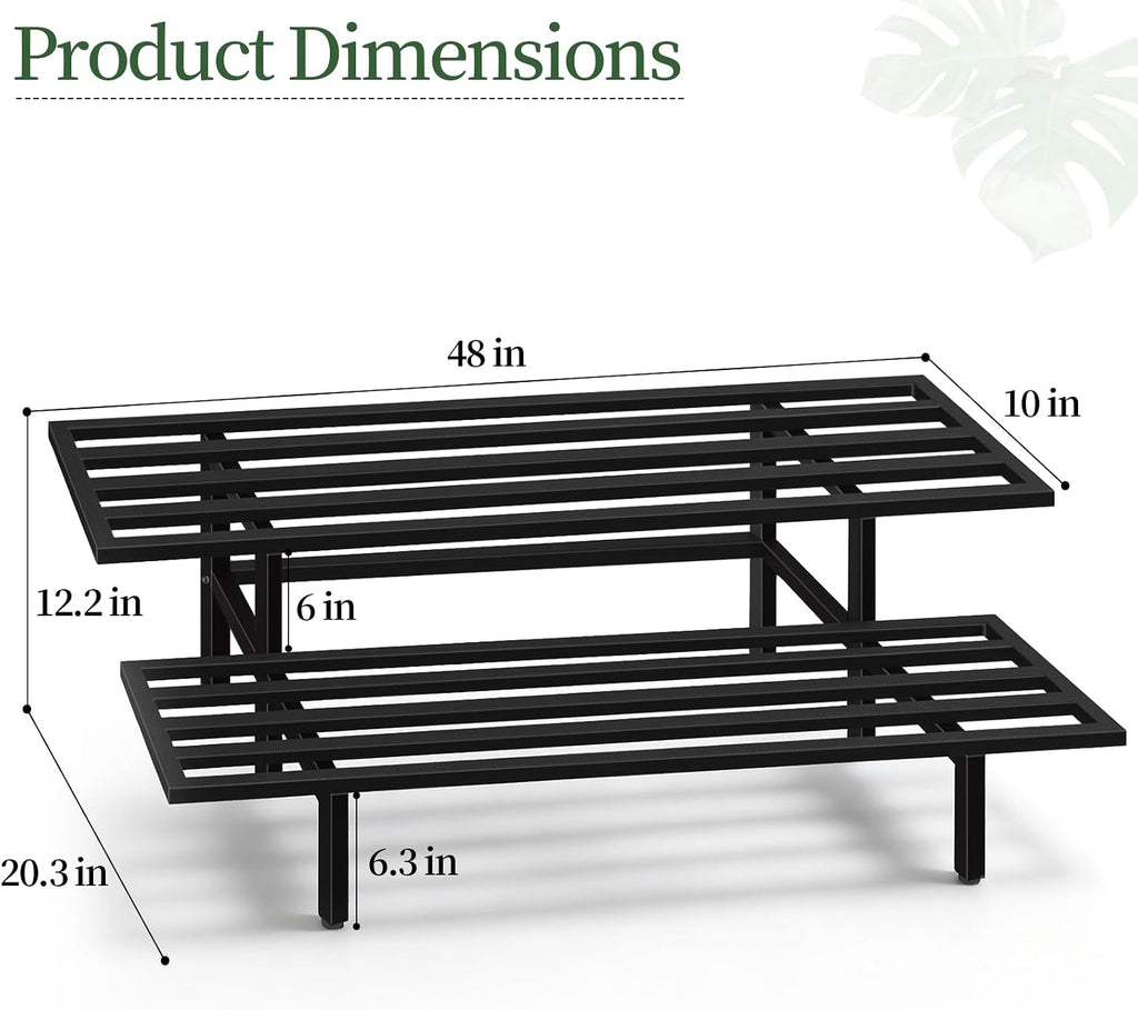 Heavy Duty Plant Stand Outdoor Indoor, Large Metal 48" L x 10" W x 12" H | Plant Stands Indoor Outdoor 2-Tier Flower