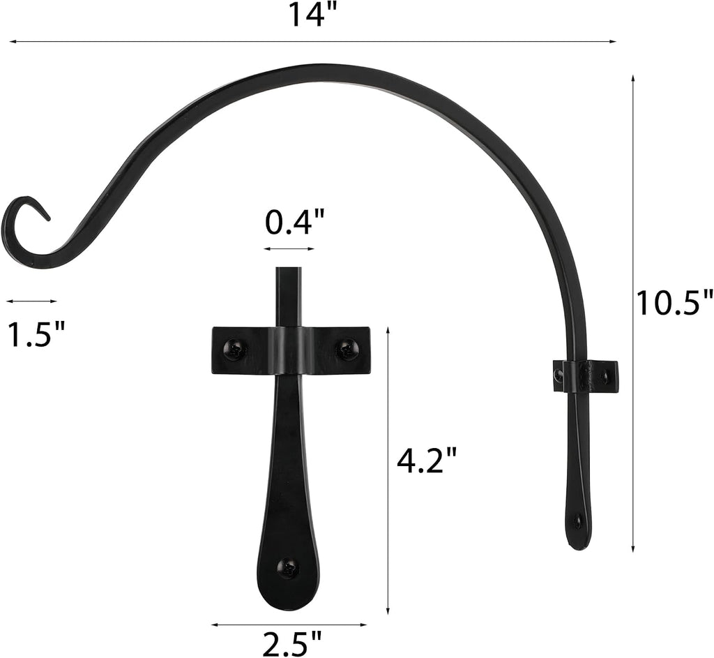 Worth Garden 6-Pack 14" Plant Hanger Bracket - Hand-Forged Wrought Iron Powder-Coated Heavy Duty Wall Hooks - Black