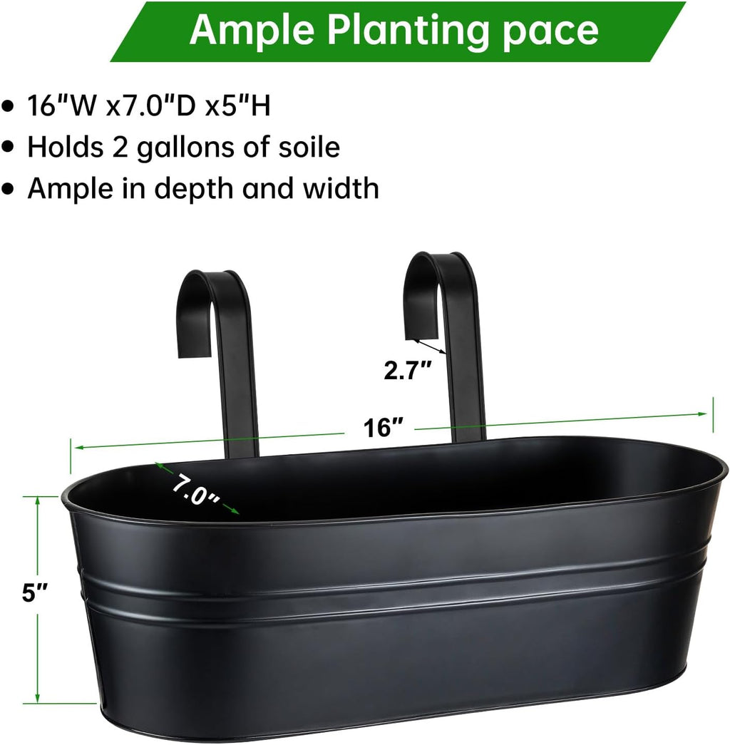 Railing Planter Box, 16" Large Hanging Planters for Outdoor Plants, 3 Pack | balcony planters with Detachable Wide