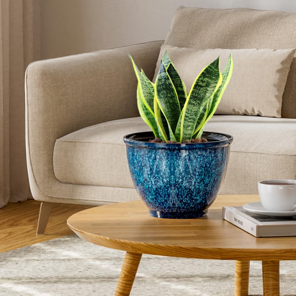 Vanslogreen 8 Inch Glazed Plastic Plant Pots, Set of 4 Planters with Drainage Holes - Indoor/Outdoor Flower Pots for