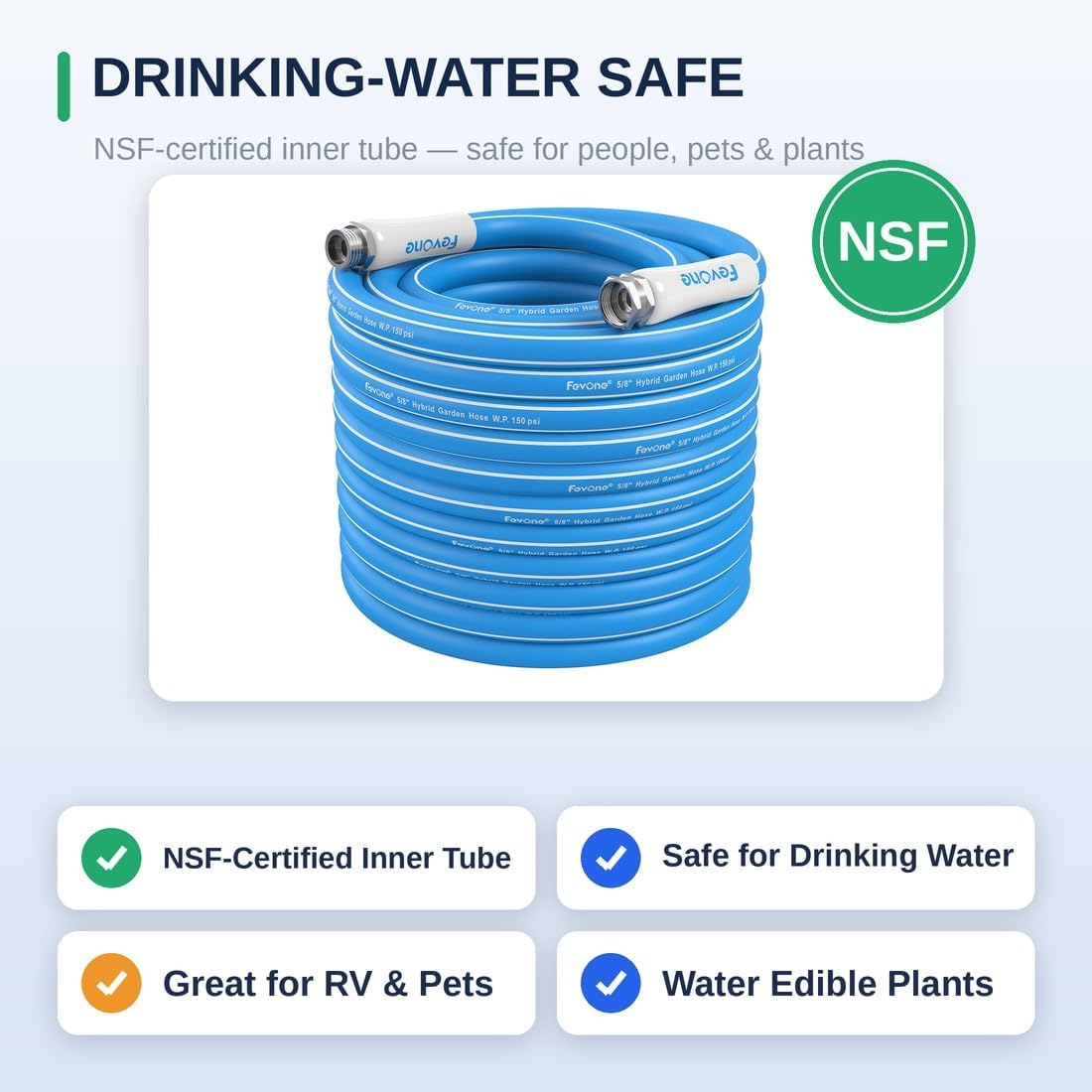 Kink Free Garden hose 100 ft, Heavy Duty Water Hose | Drinking Water Safe, Flexible Lightweight Hybrid Polymer, 5/8 ID