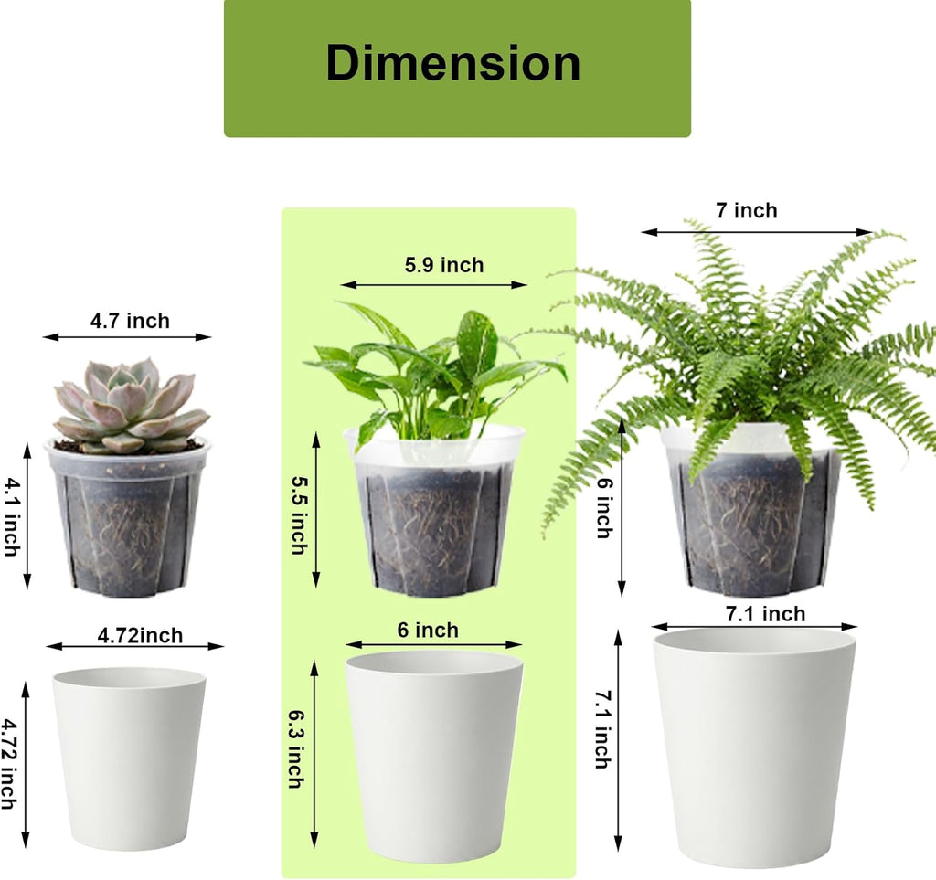 6 inch self Watering Pot with Clear Nursery Pot Inside,White,6 Pack | dual-pot systerm with wick,Root