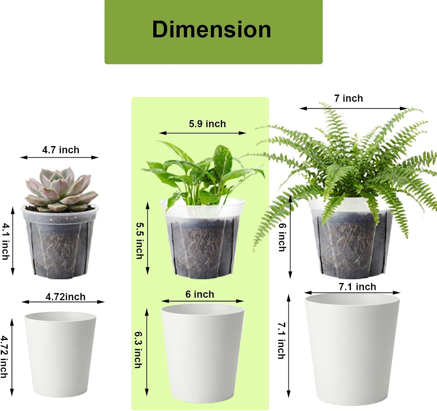 6 inch self Watering Pot with Clear Nursery Pot Inside,White,6 Pack | dual-pot systerm with wick,Root
