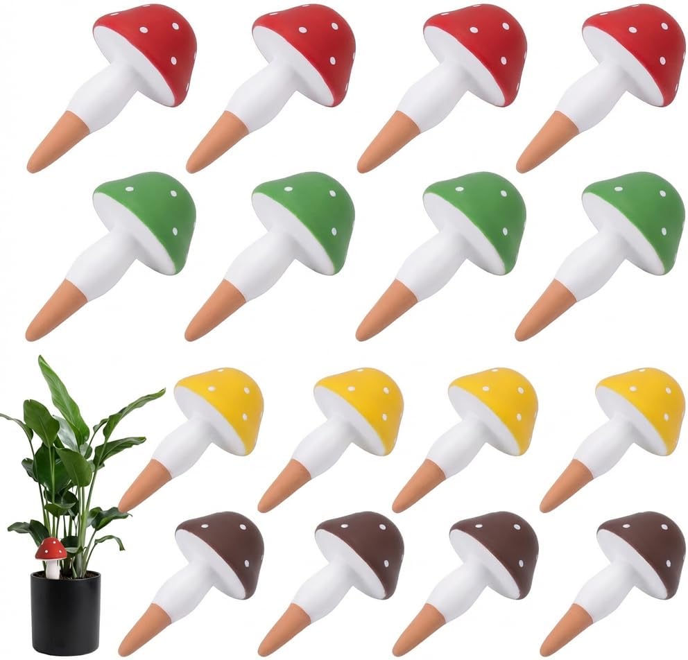 Plant Watering Globes, 16 Pack Self-Watering Terracotta Spikes - Mushroom Shape Irrigation Devices for Indoor & Outdoor