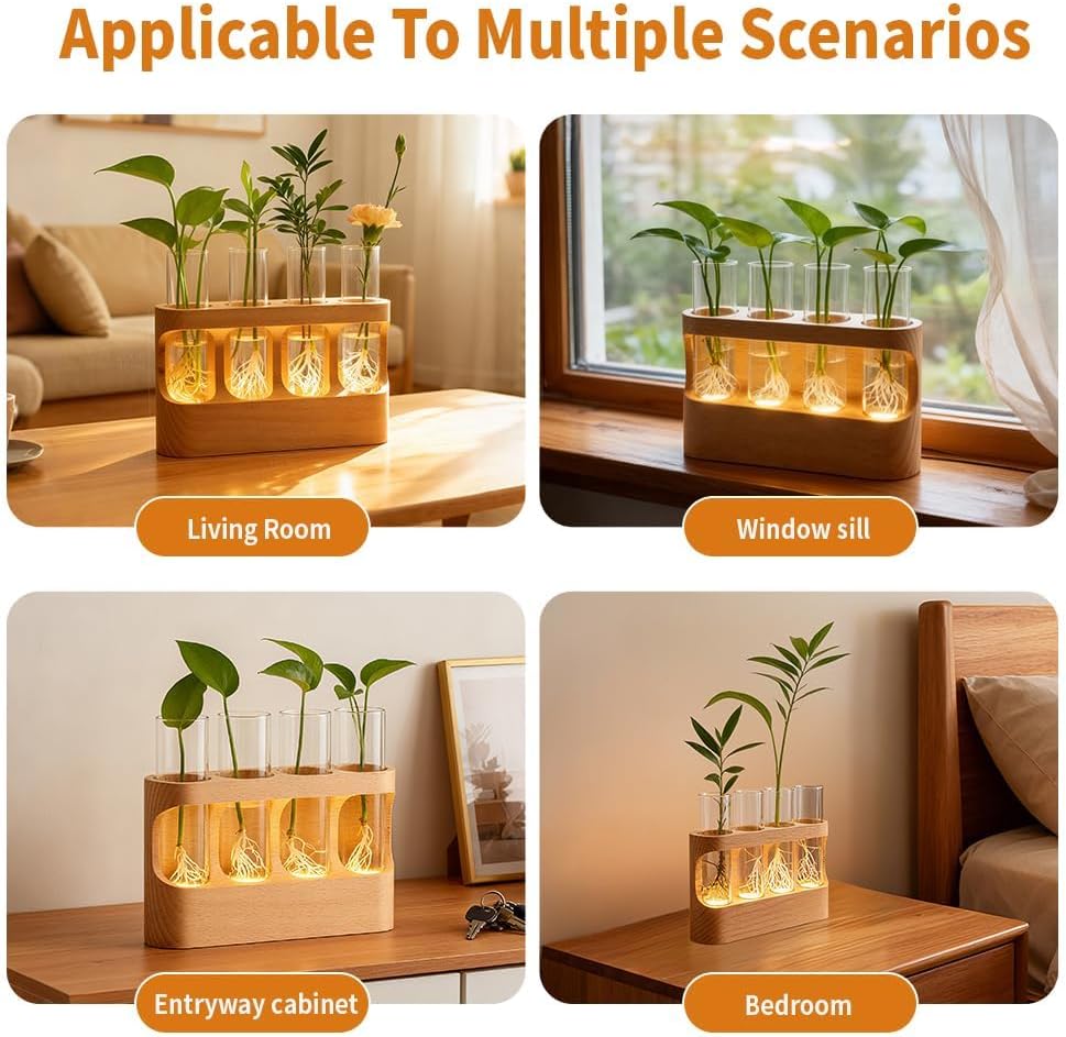 Plant Propagation Station with Glass Tubes – Wooden Plant Cutting Vase Holder, Water Propagation Kit for Indoor Plants