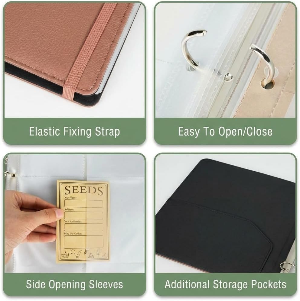 Seed Storage Organizer Binder – Holds 100 Seed Packets, Seed Packet Organizer Book w/Side Loading Sleeves, 4 Kraft