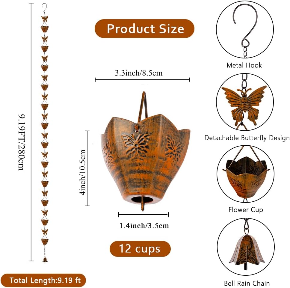 9.2ft Rain Chains for Outside Gutters, Eaves, Drainage | Copper Rain Chain, 12 Cup with Butterfly Decor, Adjustable