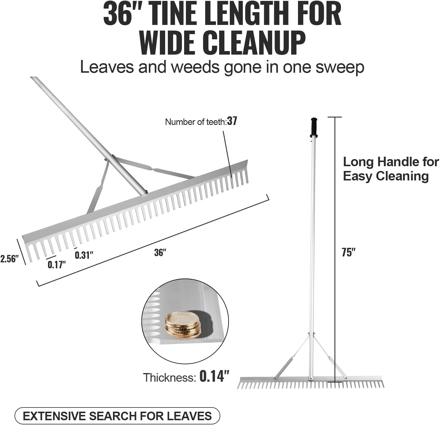 VEVOR Landscape Rake, 36" Head Aluminum Lake Weed Rake with 75" Long Handle for Loosening Soil, Lawn Care, Weeding