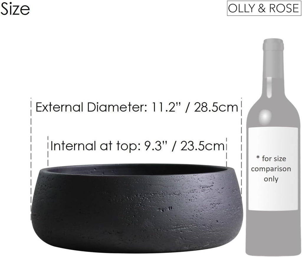 Olly & Rose Copenhagen Large Ceramic Planter Bowl Shallow Plant Pot - Matt Black Flower Pot Indoor and Outdoor Garden