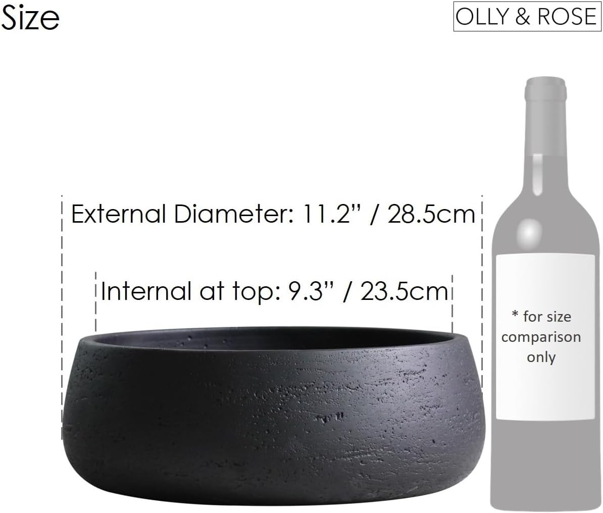 Olly & Rose Copenhagen Large Ceramic Planter Bowl Shallow Plant Pot - Matt Black Flower Pot Indoor and Outdoor Garden