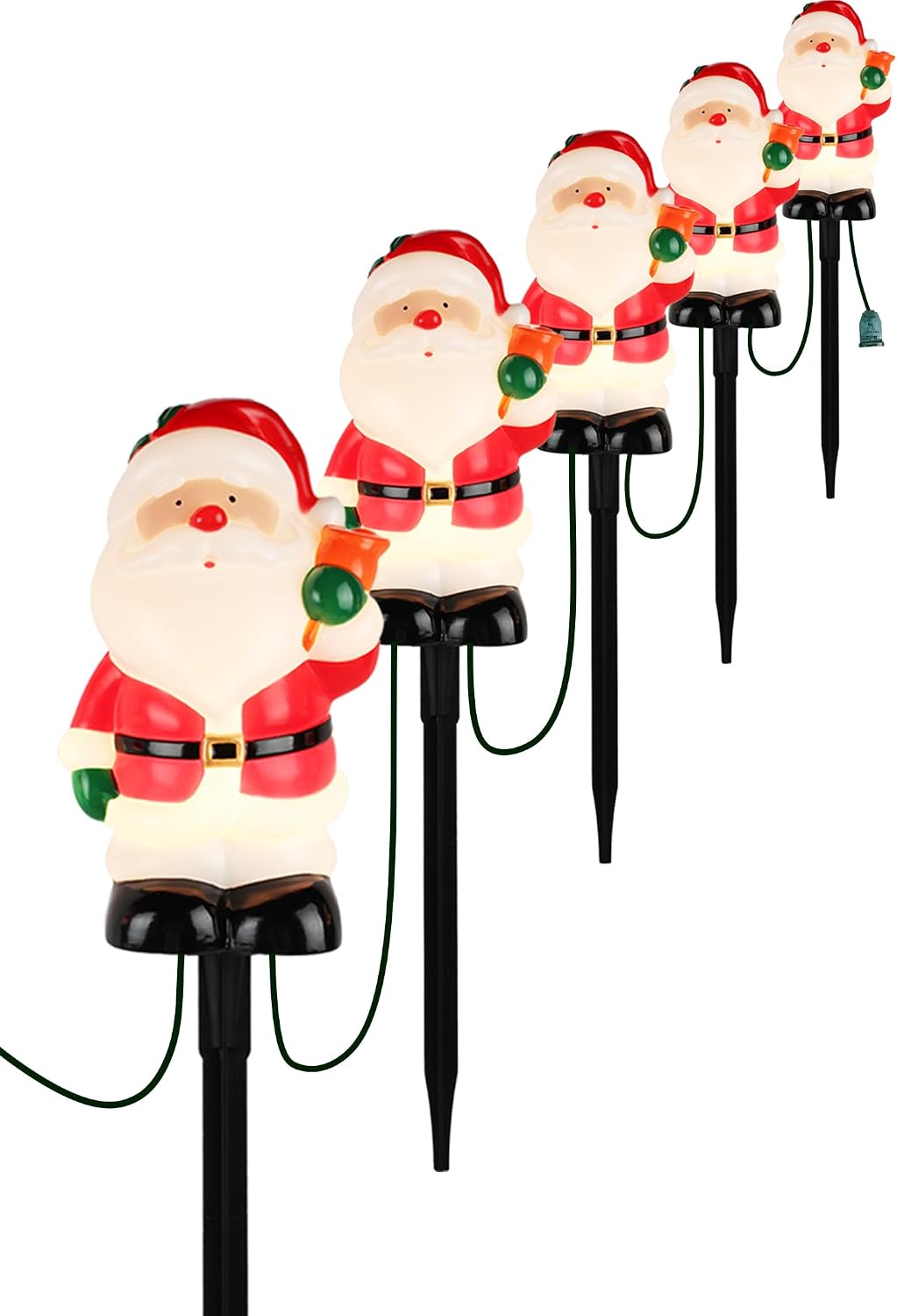 5-Pack Commercial-Grade Christmas Pathway Stakes - 15.98" Tall Santa Holding Bell Stake Lights with Heavy-Duty C7 LEDs, Waterproof for Pro-Level Yard Decor