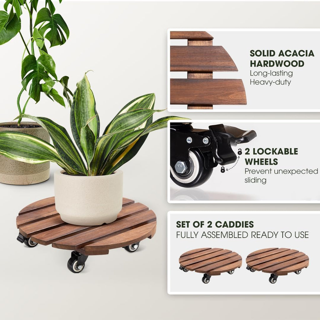 2-Pack 14 Inch Acacia Wood Plant Caddy with Wheels – Heavy-Duty Plant Dolly with 264 Lbs Capacity, 360° Lockable Wheels