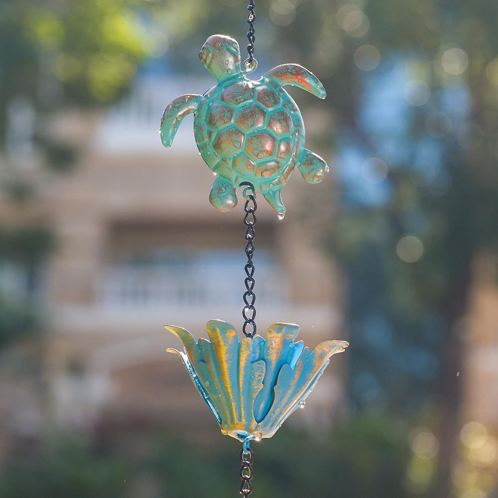10ft Rain Chain with 16 Cups for Outside Gutters, Eaves, Drainage | Turtle & Lotus Shape, Metal Rain Chain, Adjustable