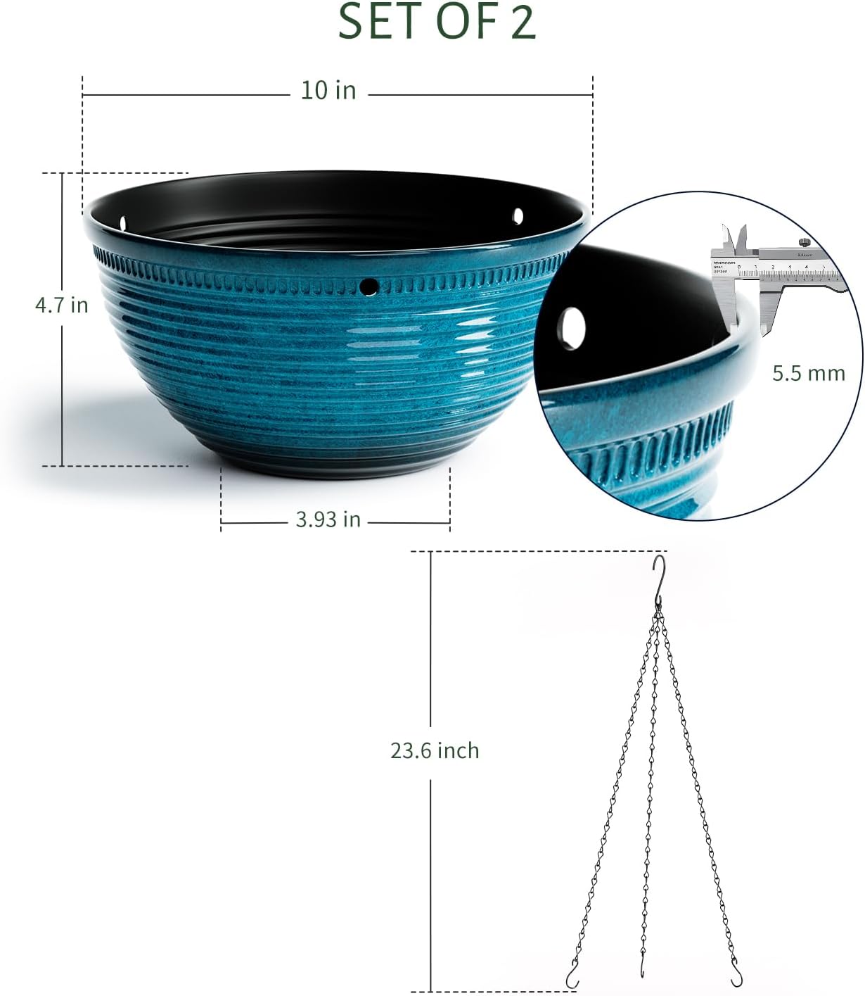 10 Inch Hanging Planters, Glazed Hanging Basket with Drainage Holes, 2 Pack | Ceramic-Look Hanging Flower Pots for