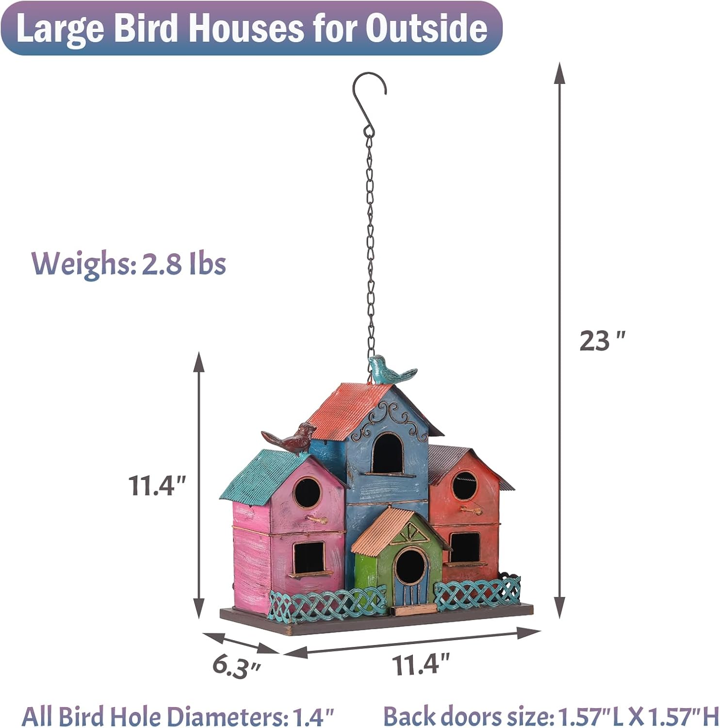 Metal Bird Houses for Outside Hanging, Large Bird Houses for Outdoors with 4 Compartments for Birds to Nest in