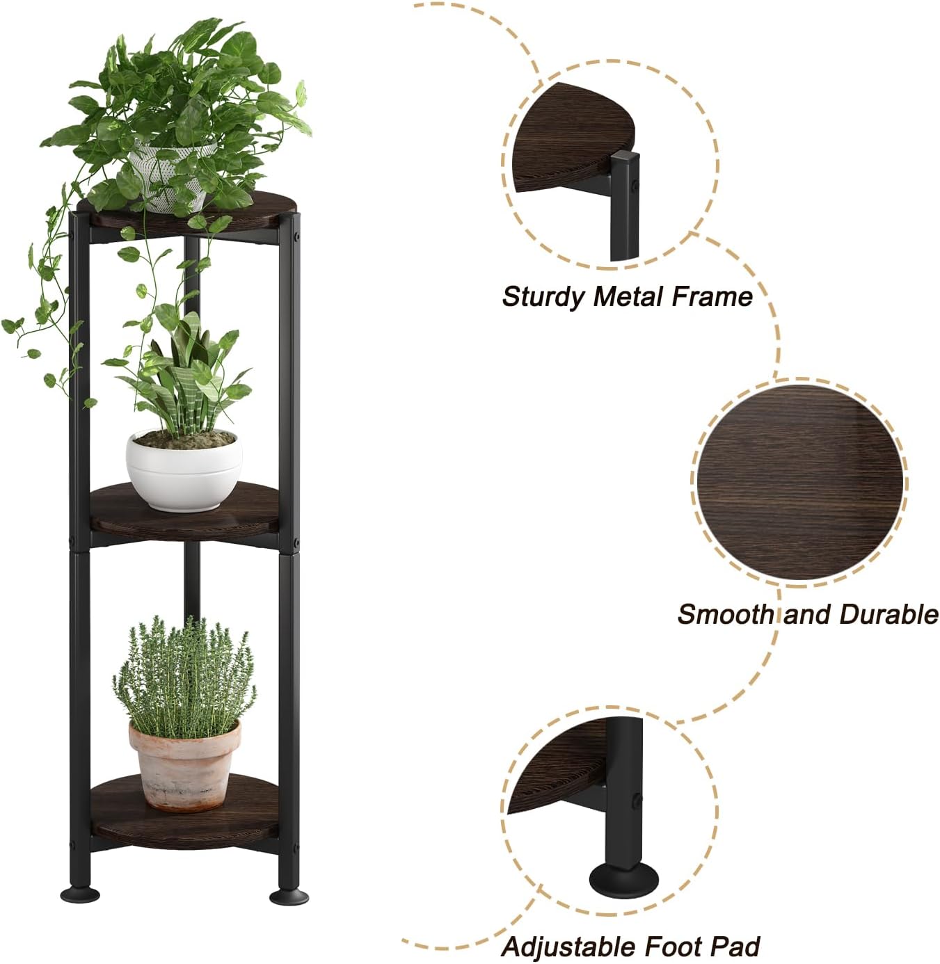 3 Tier Plant Stand Indoor Corner Tall Round Shape Plant Shelf | Modern Metal MDF board Flower Storage,Suitable tight