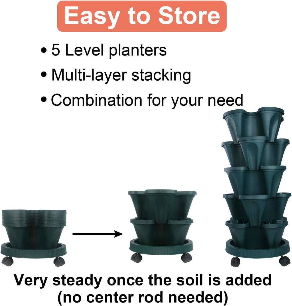 DUNCHATY Stackable Vertical Garden Planter with Wheels, 5 Tier Herb Planter Pots for Growing Vegetables and Succulents