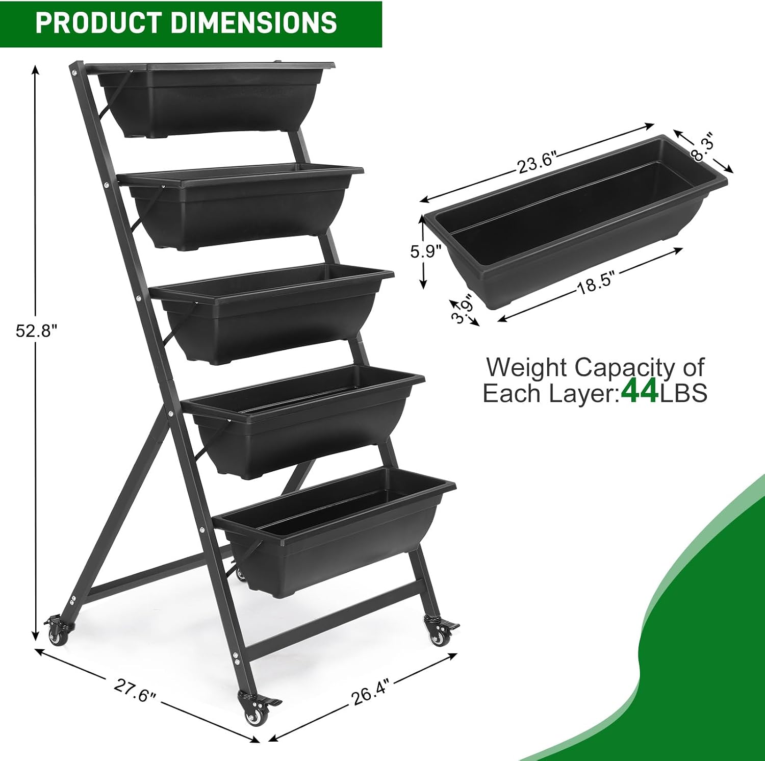 4.4 FT Vertical Garden Bed Removable 5 Tier Elevated with 4 Wheels | Vertical Raised Planter, Black Raised Bed Box