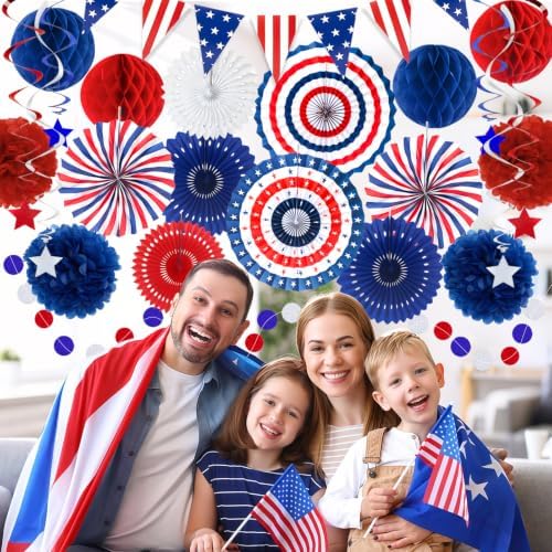 24 Pcs Patriotic 4th of July Decorations Kit, Paper Fans Pom Poms 8-16 in