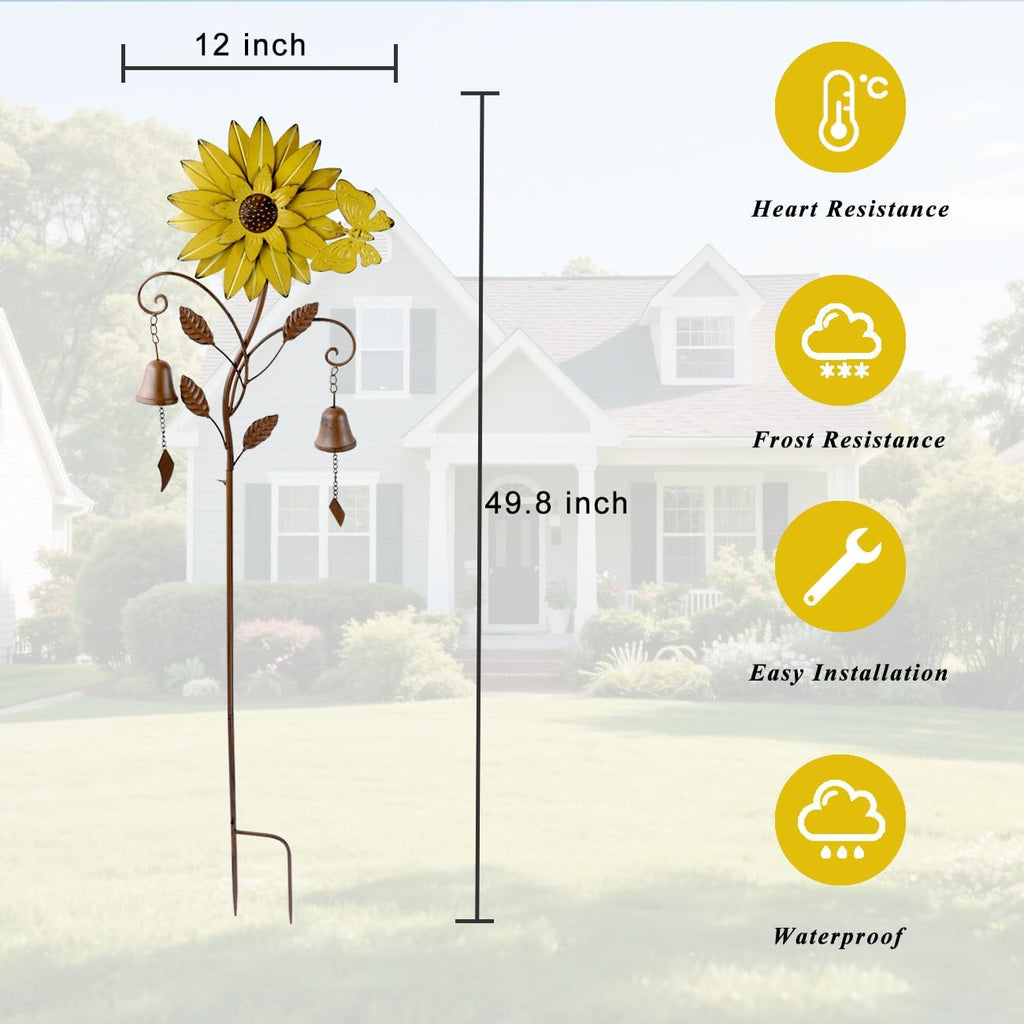 Decorative Garden Stakes,Garden Stake with Bells,Metal Flower Garden Decor | 50"H Sunflower Metal Flower Garden Stake