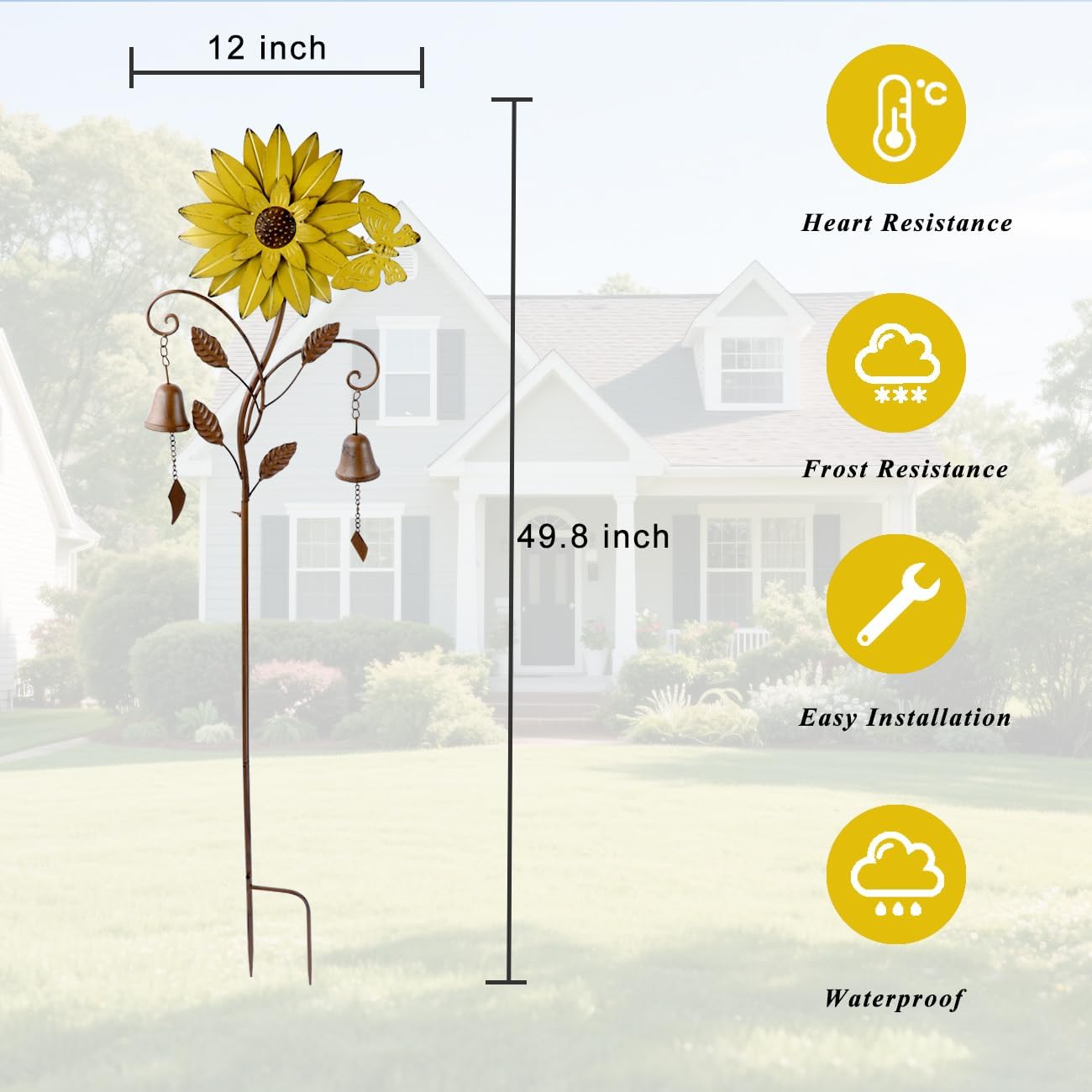 Decorative Garden Stakes,Garden Stake with Bells,Metal Flower Garden Decor | 50"H Sunflower Metal Flower Garden Stake