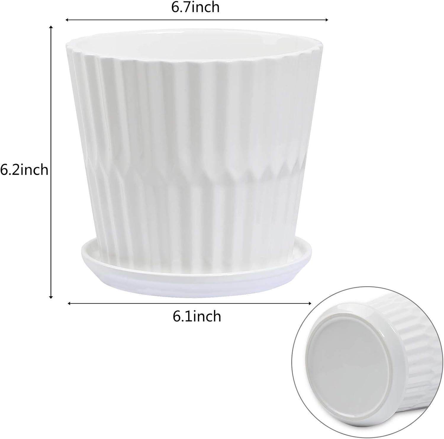sietpoek 6.7” Ceramic Plant Pots with Drainage and Saucer 2PCs White | White Ceramic Flower Pots with Drainage Hole and
