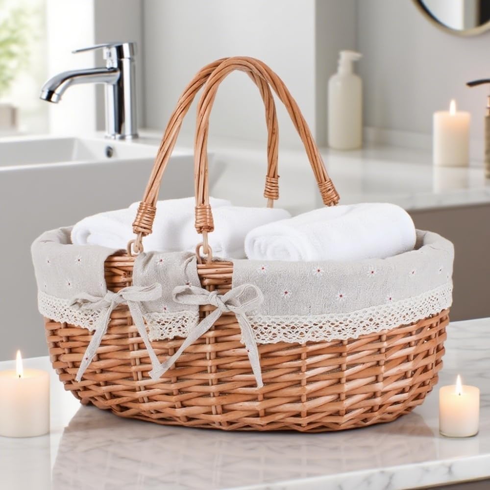 Large Wicker Woven Picnic Basket w/Handle for Camping & Harvest | White Floral Lining, Removable & Washable; Ideal for