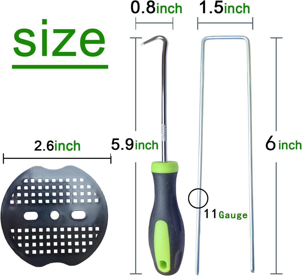 200Pcs Landscape Staples with 200 Gasket with 1Pick Hook, 6 Inch Heavy Duty Garden Stakes 11 Gauge U Shaped Galvanized