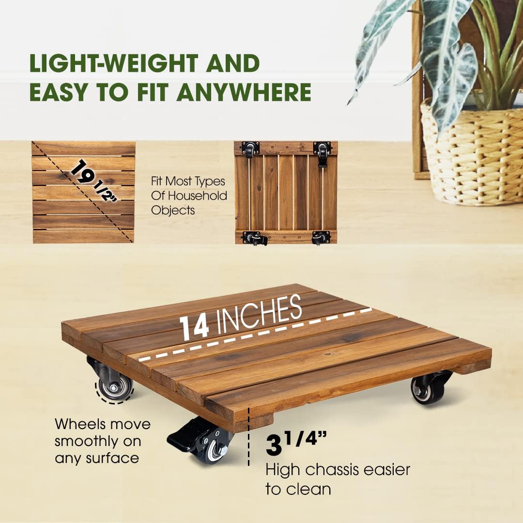 2-Pack 14 Inch Wood Plant Caddy with Wheels Heavy Duty, 264 lbs Acacia Hardwood Plant Caster Dolly Rolling Stand with