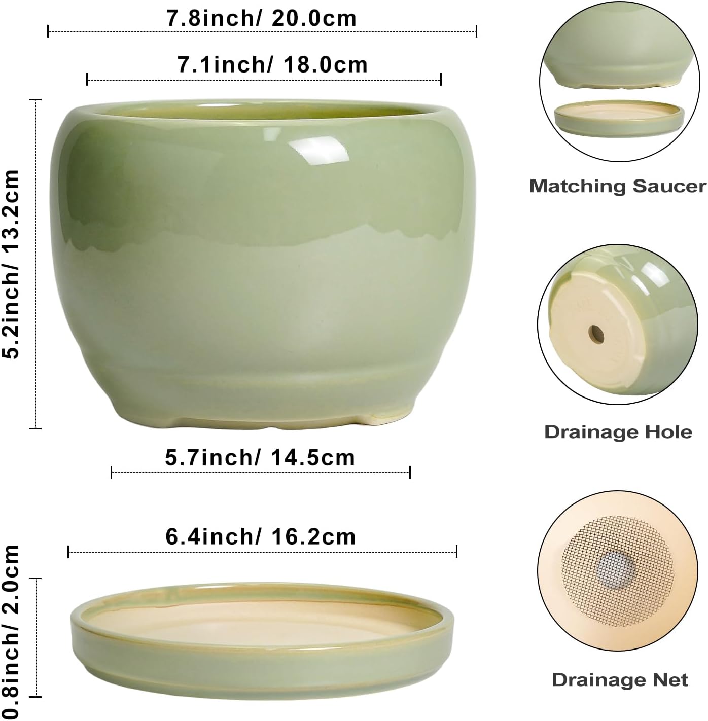SQOWL 8 Inch Plant Pot - Ceramic Planters with Drainage Hole and Tray, Round Flower Pot for Indoor Plants, Modern
