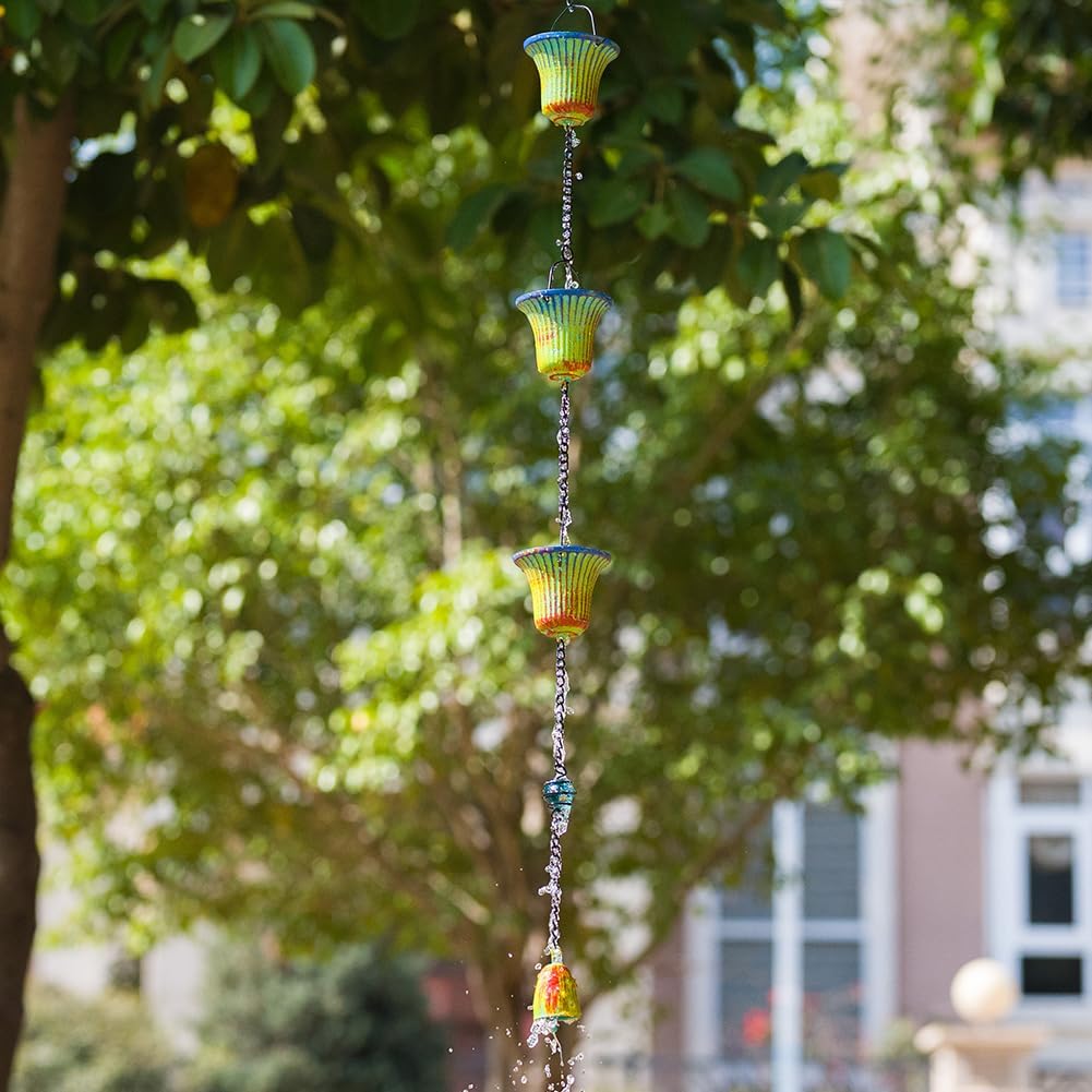 10ft Rain Chains for Outside Gutters, Eaves, Drainage | 12 Cups, Metal Rain Chain, Adjustable Length, Decorative