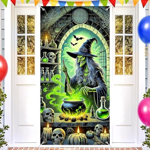 BlissYard Halloween Door Cover Green Witch Cauldron 35x71 Inch Polyester