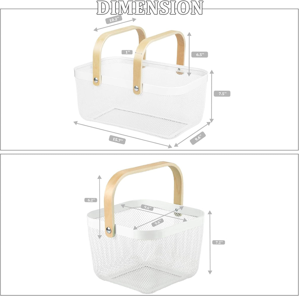 Coloful Metal Mesh Wire Basket with Foldable Wooden Handle,Bin Garden Fruit Vegetable Storage Hanging Harvest Holder