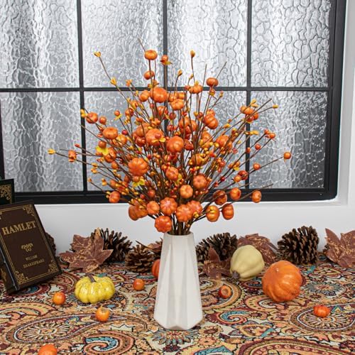 JINGHONG 18 Pack Artificial Pumpkin Picks 17” Tall Orange Berry Stems Fall Pumpkin Branches for Autumn Harvest Festival Thanksgiving Day Decor