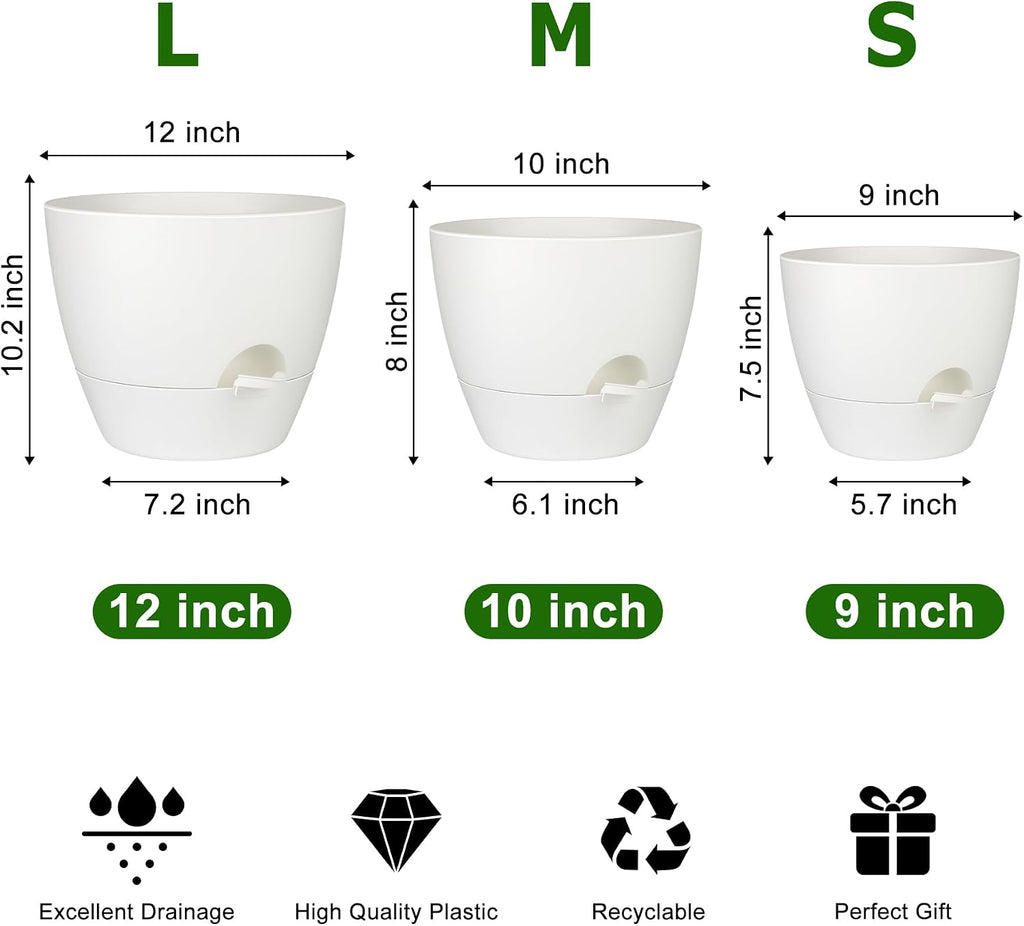 Plant Pots 12/10/9 Inch Self Watering Pots, Set of 3 Plastic Planters with Drainage Holes and Saucers,Plastic Flower