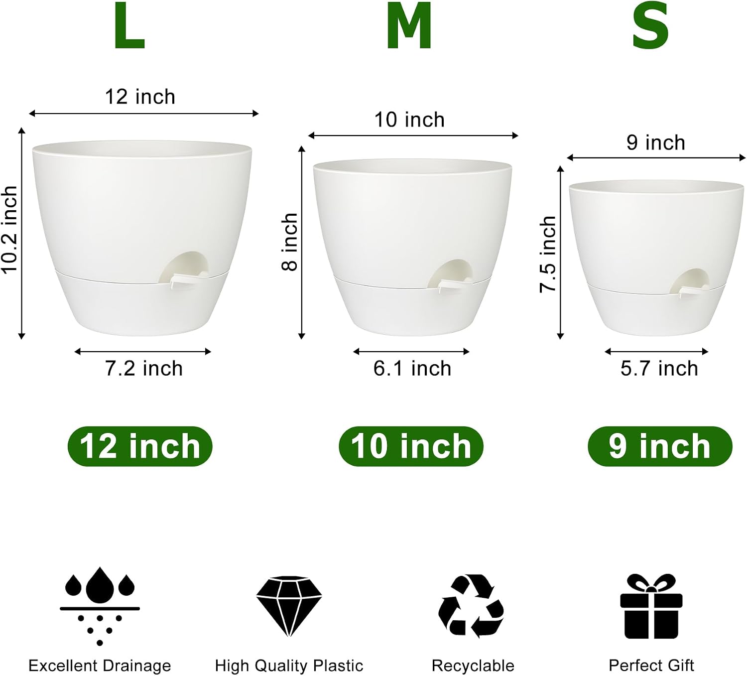 Plant Pots 12/10/9 Inch Self Watering Pots, Set of 3 Plastic Planters with Drainage Holes and Saucers,Plastic Flower