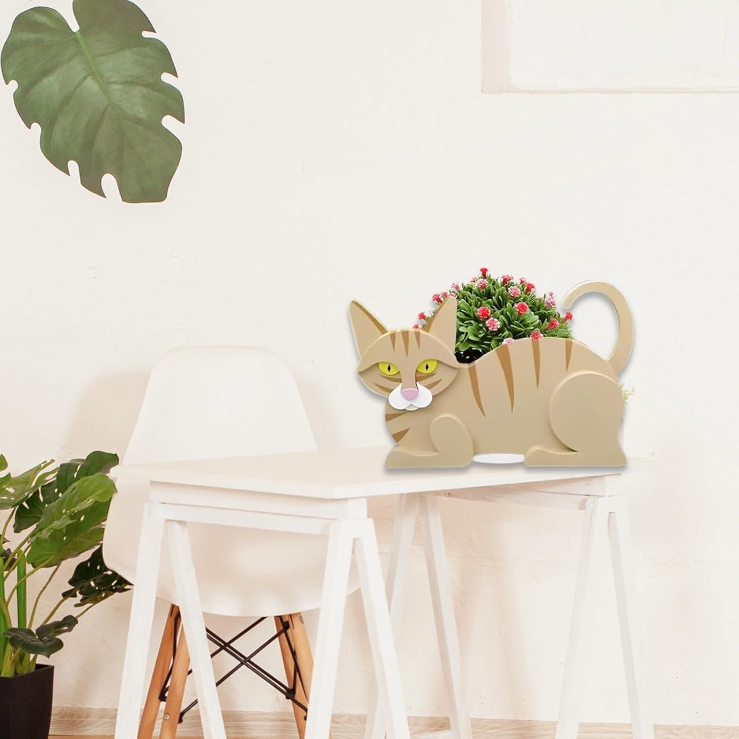 Yellow Cat Planter Pots, Animal Shaped Flower Pot | Cute Plant Gift for Women and Pet Lovers, Indoor Outdoor Garden