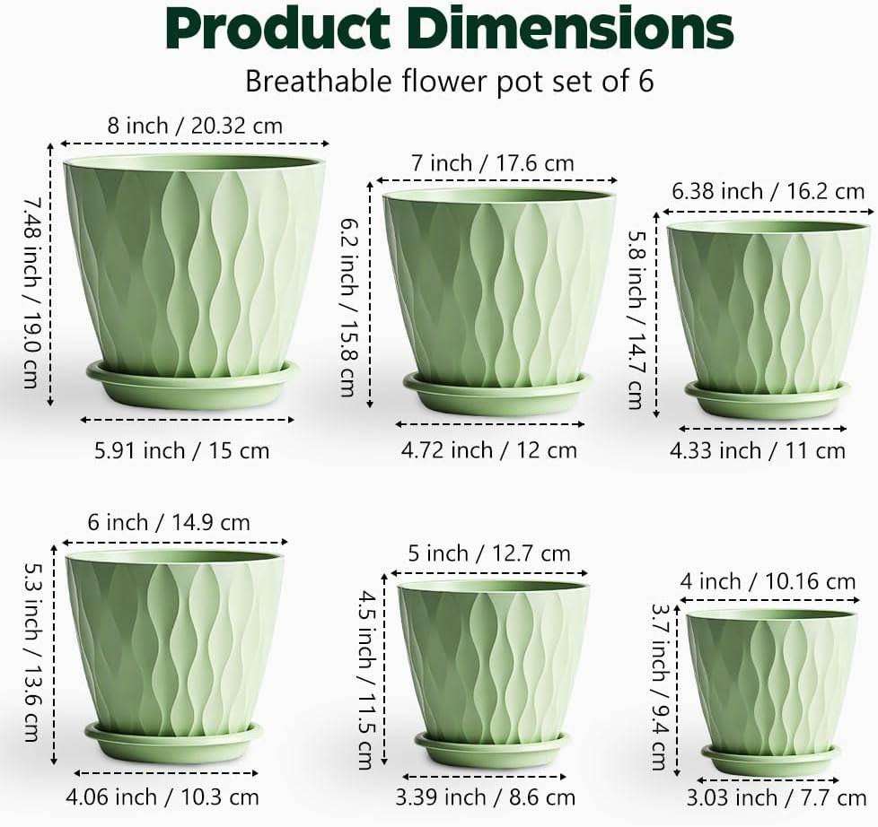 Plant Pots, Self Watering Planters with Drainage Holes and Trays, Flower Pots for Indoor Outdoor - 6 Pack(4/5/6/6.5/7/8