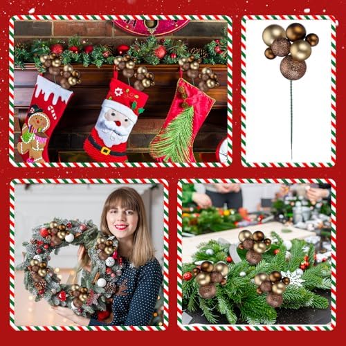 Daifunli 8 Pcs Brown and Gold Christmas Tree Picks 7.87 Inch Christmas Balls Ornaments Xmas Hanging Decorations for Xmas Tree Topper DIY Wreath Holiday Floral Vase Fillers Crafts Home Decor