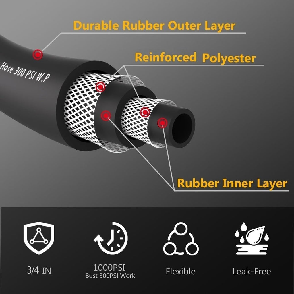 Guitrees 50FT 3/4 Heavy Duty Rubber Garden Hose - 300psi Working, 1000psi Burst - Hot/Cold Water - Five-Layered