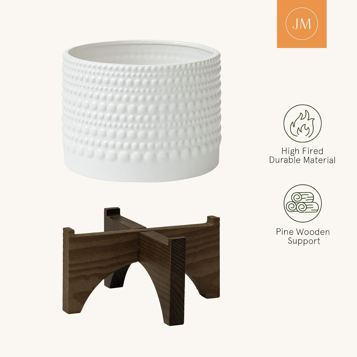 LA Jolie Muse Ceramic Pot for Plants, 8 Inch Indoor Planter with Stand | Hobnail Patterned Flower Pot with Wood Stand