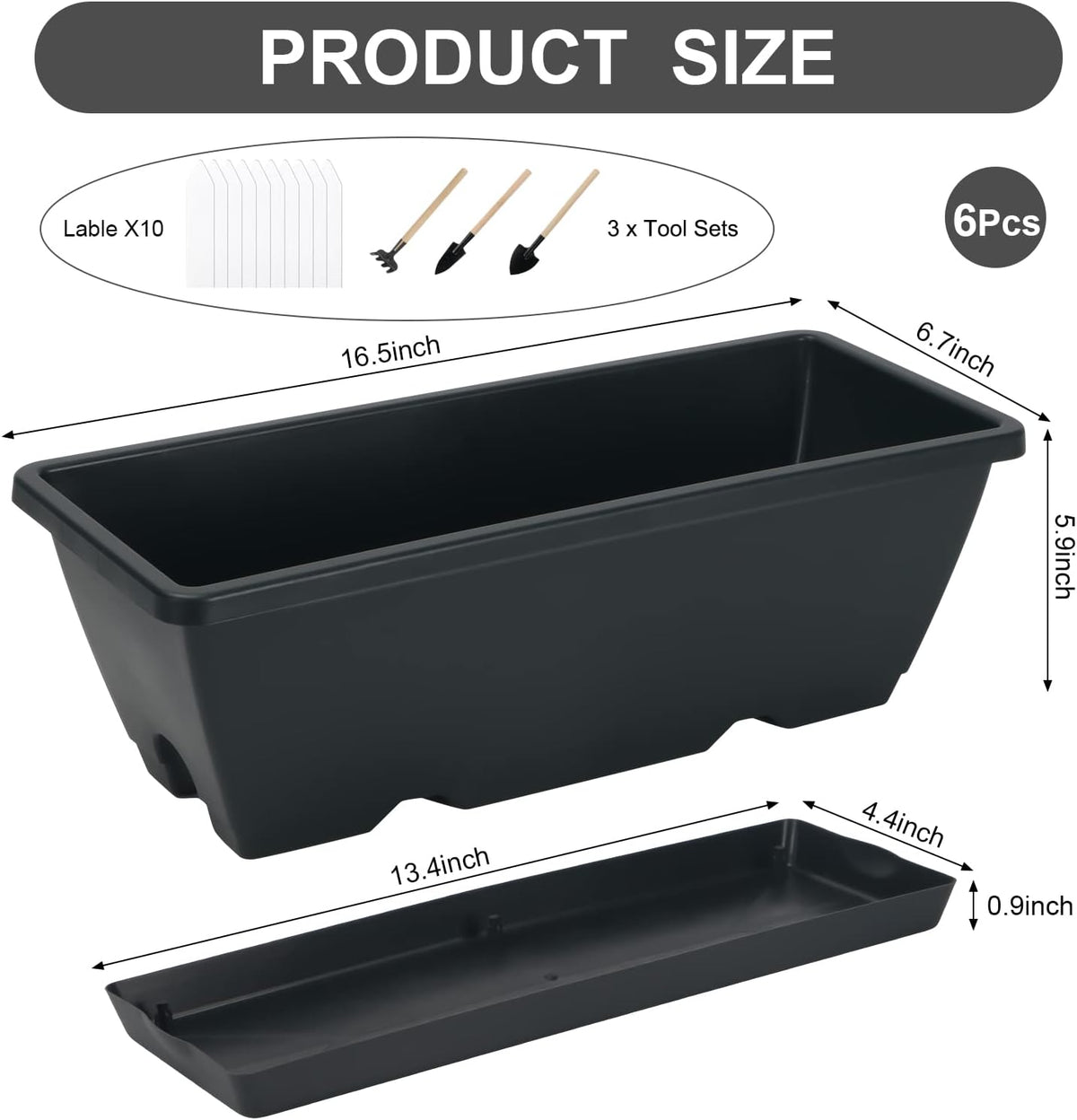 6 Pcs Window Box Planter, 17" Rectangular Planter Box with Saucers, Black | Sturdy Plastic Planter Boxes, Outdoor
