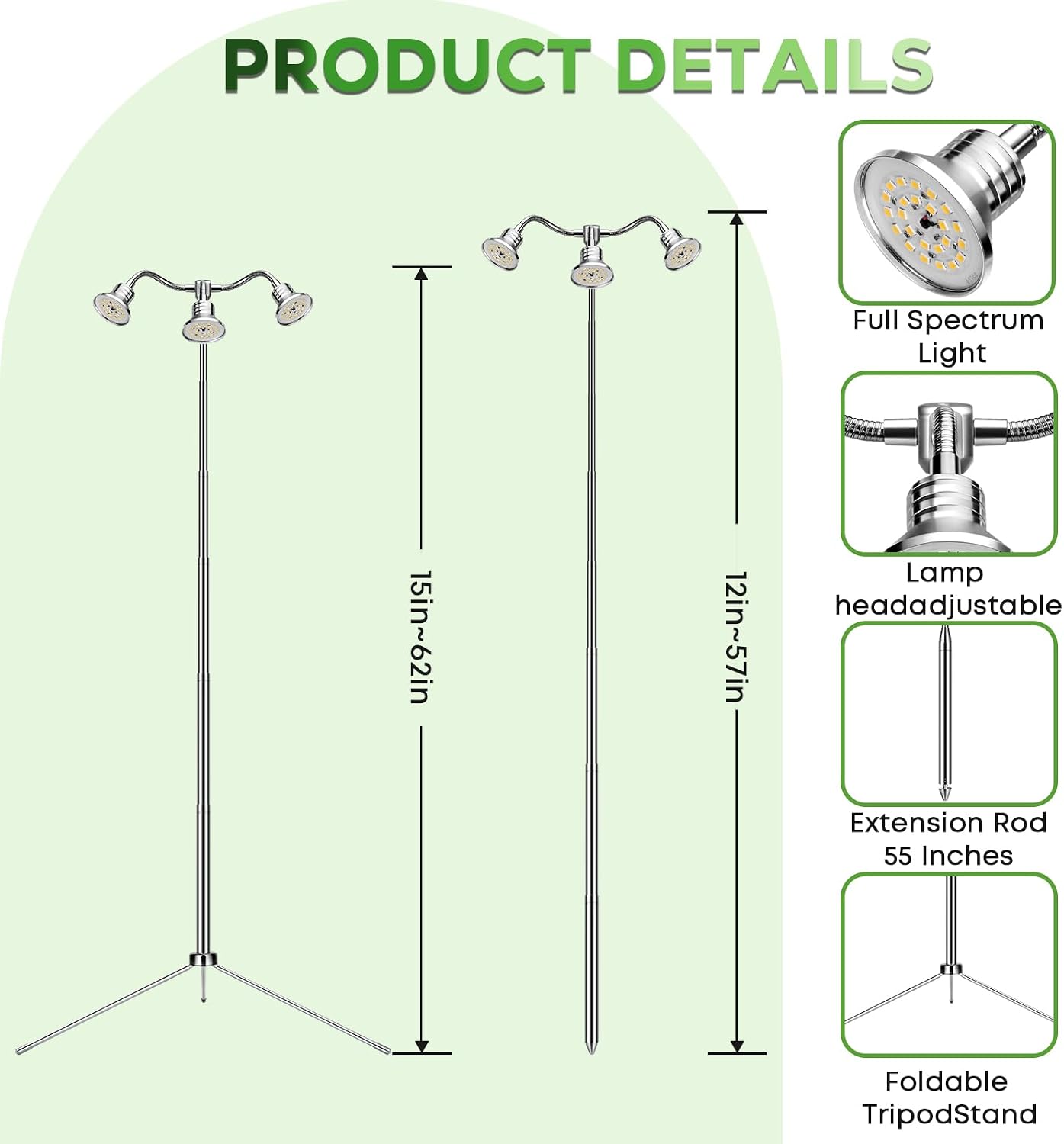 Full Spectrum Grow Lights for Indoor Plants 15-62 Inches Height Adjustable Aluminum Alloy Plant Growing Lamps with