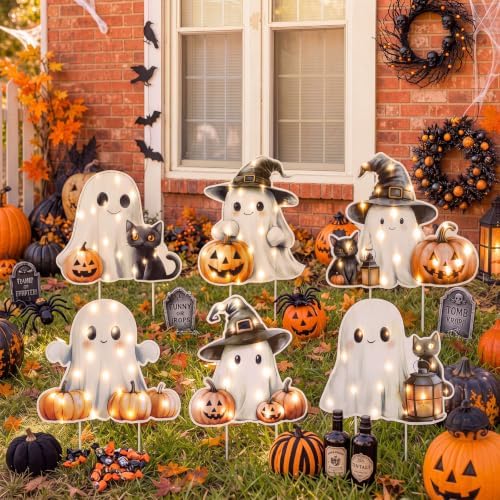 Yookeer 6 Pack Lighted Ghost Yard Signs Halloween Outdoor Decorations