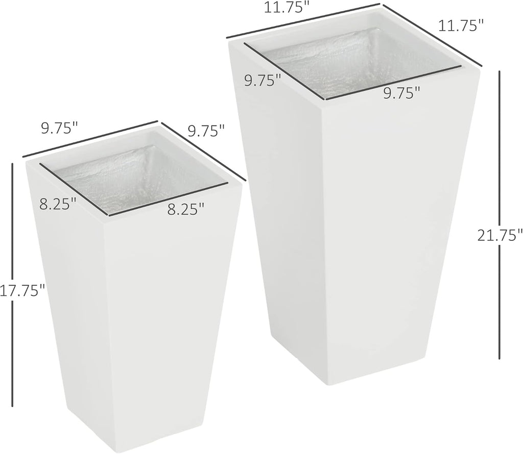 Outsunny 2-Pack Outdoor Planter Set with Drainage Holes, 22in & 18in, White | Flower Pots, Durable & Stackable Plant